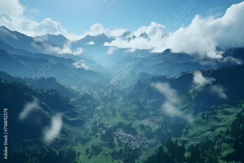 Aerial view of bright foggy...