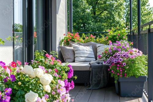 Modern large balcony is decorated with flowers. Reading and relaxing area at home photo