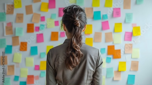 Rear view of young businesswoman looking at colorful sticky notes on wall in office