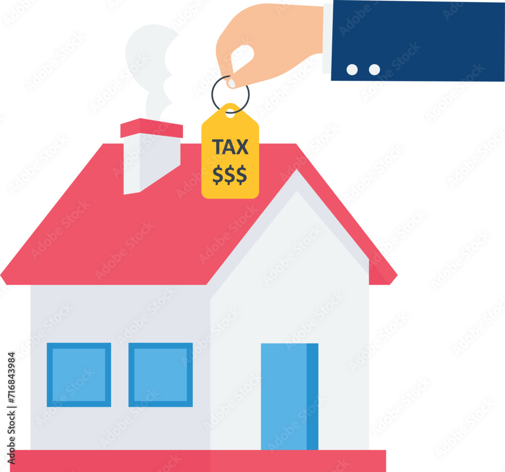 Property tax, Real estate or housing payment, Money or bills to pay for government, Hand holding houses with the price tags, Property tax with dollar signs to pay

