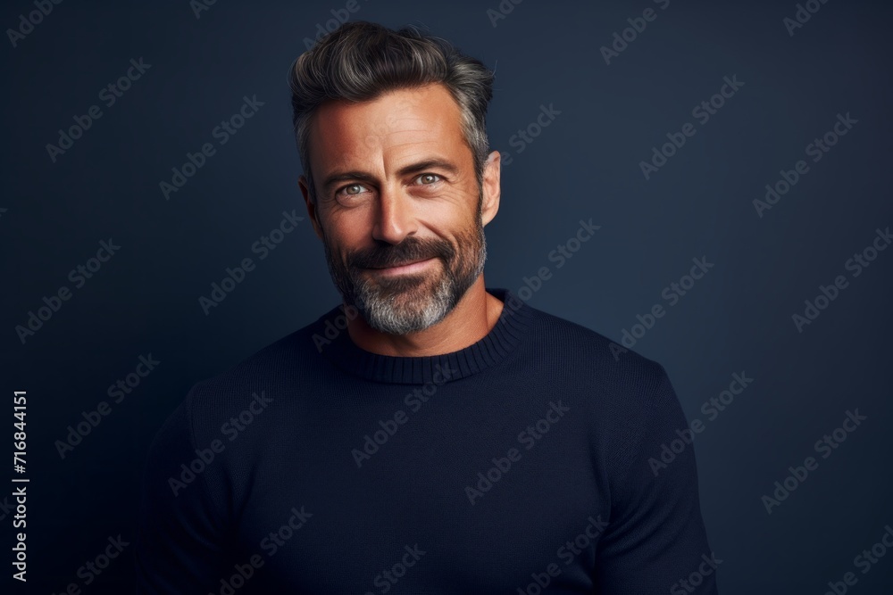 Portrait of a glad man in his 40s wearing a classic turtleneck sweater against a solid color backdrop. AI Generation