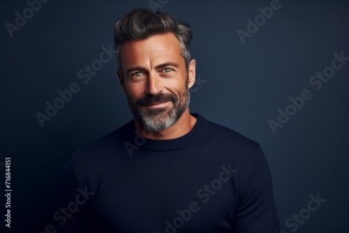 Portrait of a glad man in his 40s wearing a classic turtleneck sweater against a solid color backdrop. AI Generation