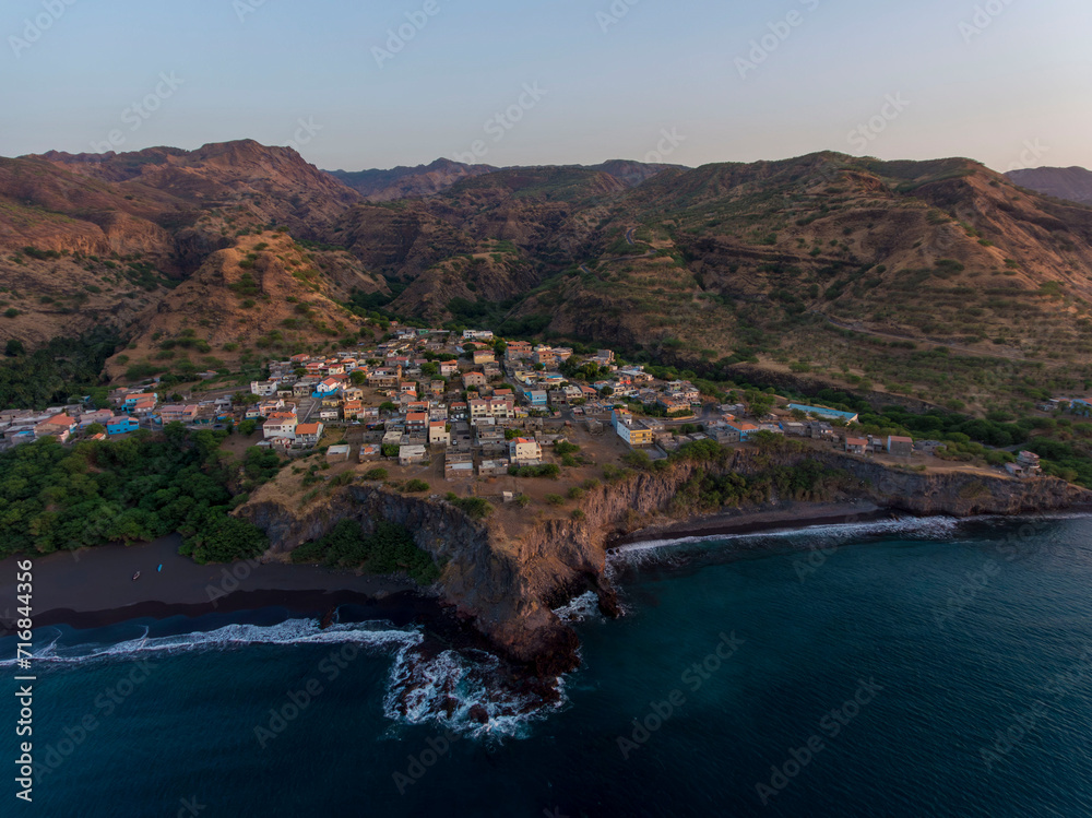 Ribeira Prata, Santiago, Tarrafal, Cape Verde Islands, view of the sea, mountains and small village.