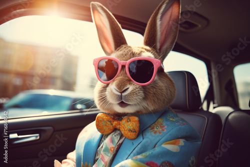 Niedlicher Osterhase mit Sonnenbrille schaut aus einem mit Ostereiern gefüllten Auto photo
