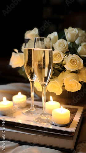 ozy Winter Night with Champagne and White Roses