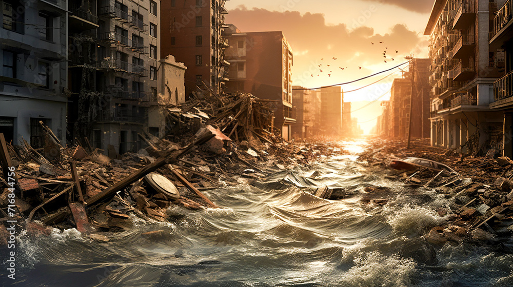 Flood in the city, ocean flow erases the city, destroyed buildings, flood.