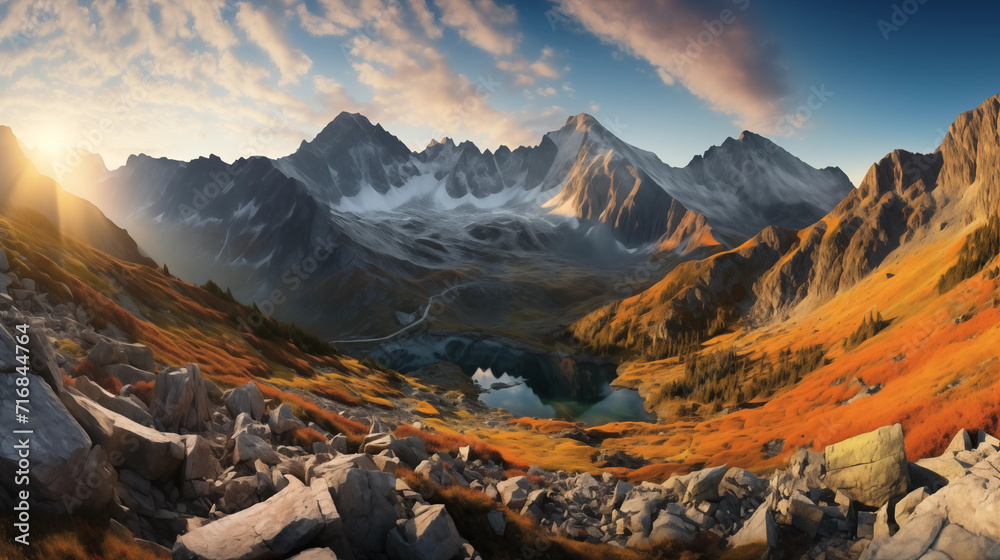 sunrise in the mountains, breathtaking picture, panoramic landscape clouds