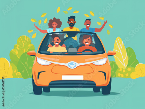 Flat Illustration of a diverse group of friends carpooling in an eco-friendly hybrid car