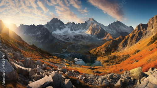 sunrise in the mountains, breathtaking picture, panoramic landscape clouds © pier
