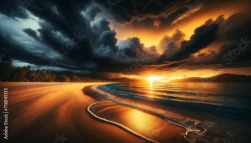 Beautiful tropical sunset with stormy textured sky and golden beach