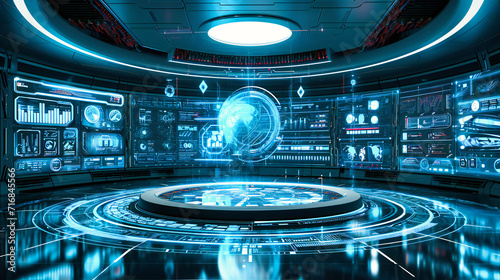 Fototapeta Naklejka Na Ścianę i Meble -  Sci-Fi Command Center: Futuristic Technology with Holographic Interfaces in a Spaceship Cockpit