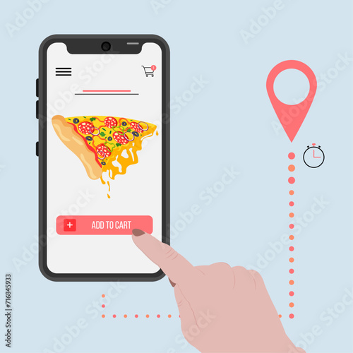 Pizza delivery food mobile phone app, hand presses the button makes order. Vector illustration