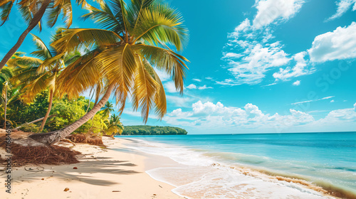 Tropical paradise  palm trees  blue sky  a sandy beach and blue water  dream vacation