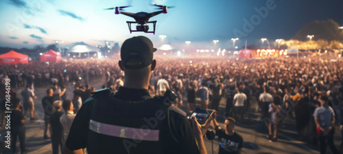 Fotografia Police officer uses a drone to monitor crowd Control, Cityscape Monitoring, lega