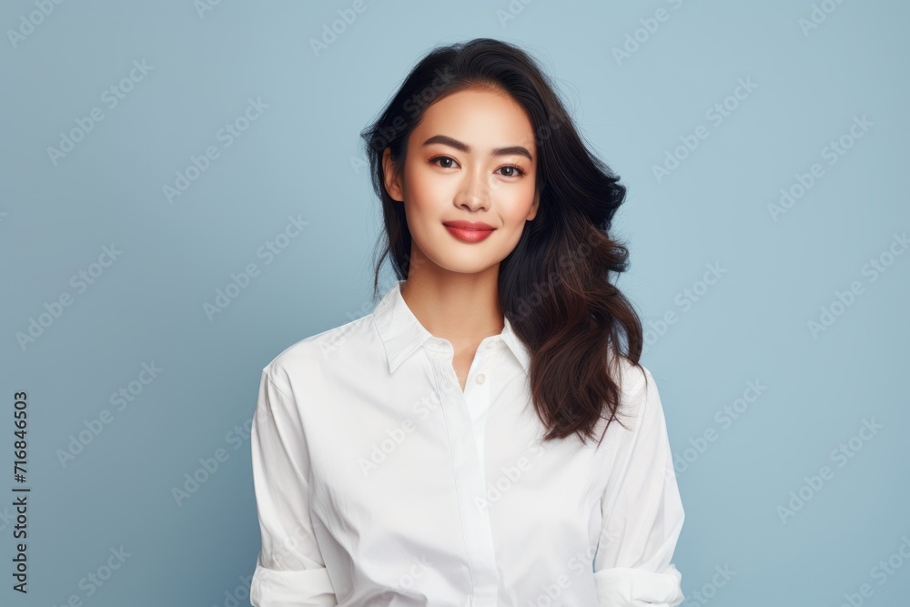 Portrait of a glad asian woman in her 20s wearing a classic white shirt against a solid color backdrop. AI Generation Portrait of a glad asian woman in her 20s wearing a classic white shirt against a solid color backdrop. AI Generation