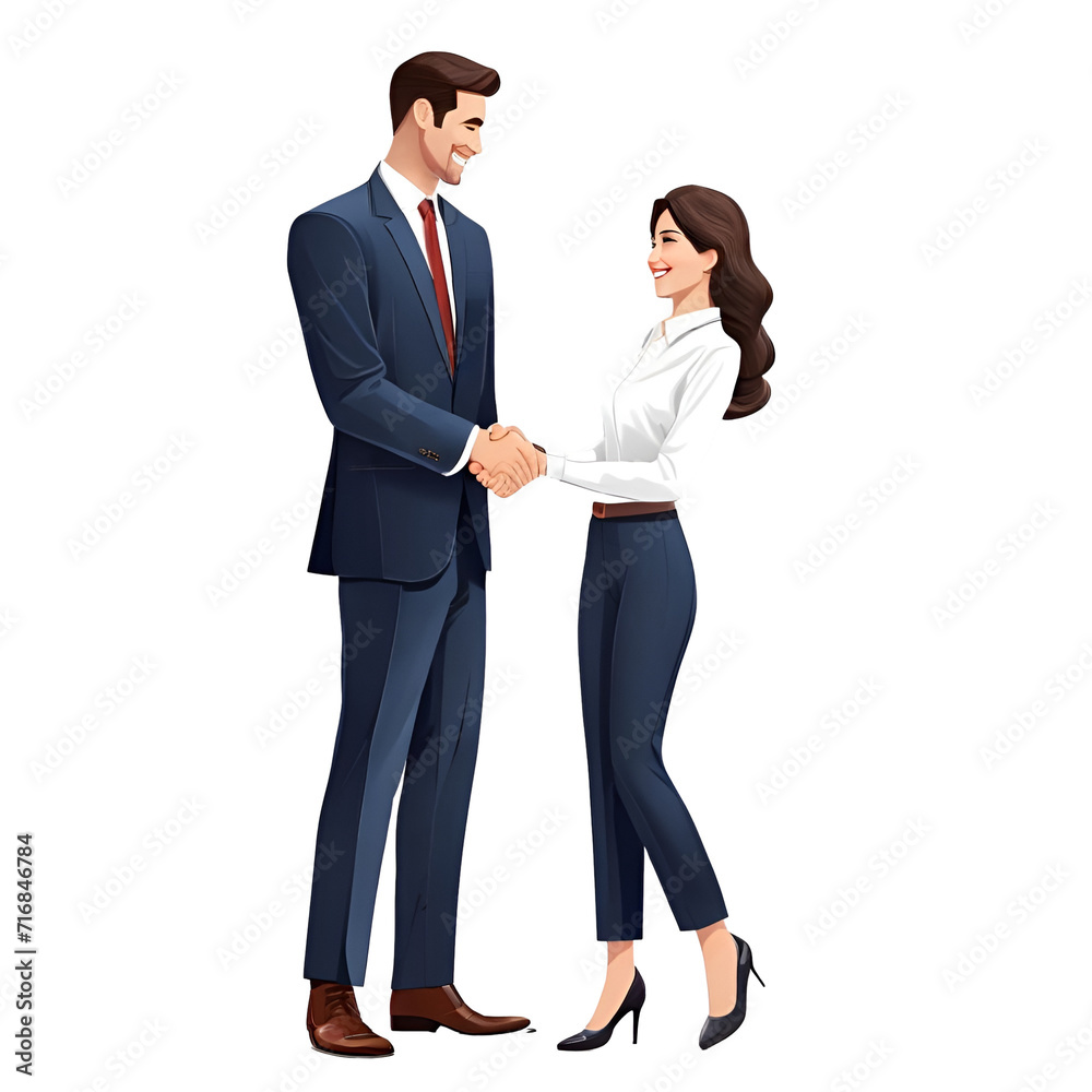 Meeting of business people. Vector illustration in flat cartoon style of  woman and man in business clothes shaking hands. Isolated on white