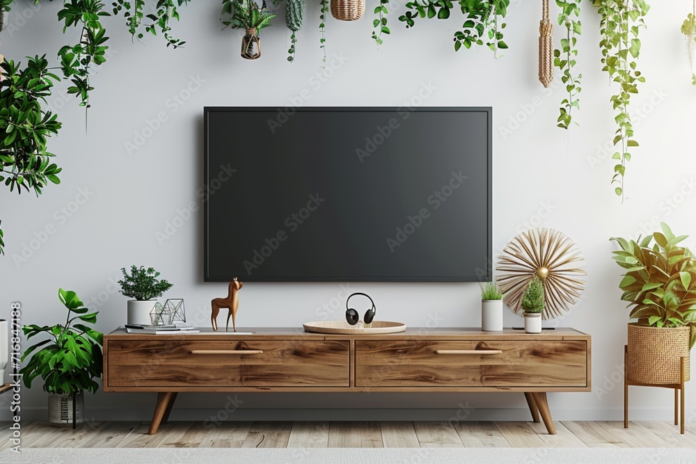 a 3D rendering of a TV wall mounted with decorations in a living room against a white wall