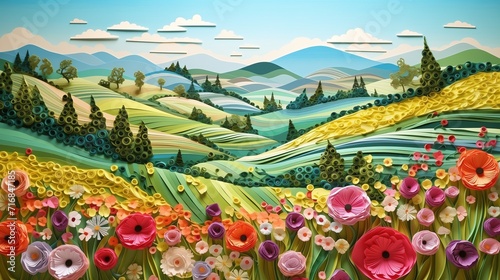 Beautiful spring landscape in paper cut and quilling art technique. photo