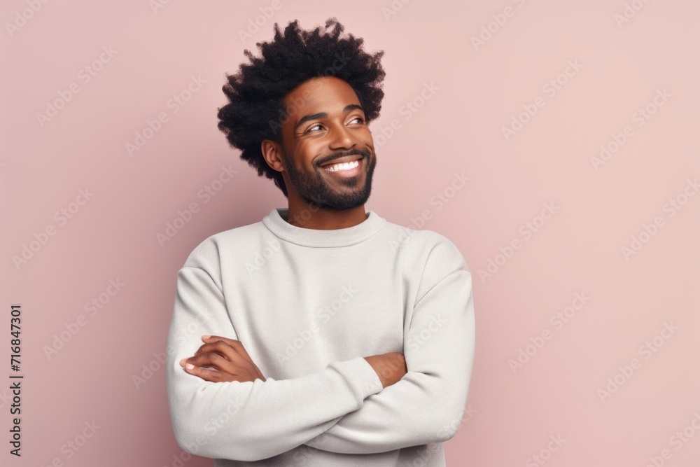 Portrait of a glad afro-american man in his 30s dressed in a comfy fleece pullover against a solid pastel color wall. AI Generation Portrait of a glad afro-american man in his 30s dressed in a comfy fleece pullover against a solid pastel color wall. AI Generation
