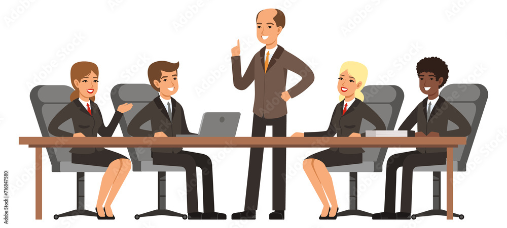 Office meeting. Boss talking with employees in conference room