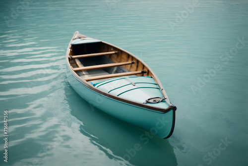 A Blue Boat Adventure Awaits on the Crystal Waters of our Serene Lake © eraStocks 
