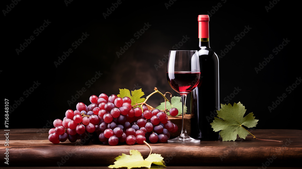 Red wine bottle and glass, with ripe grapes and vine leaves.