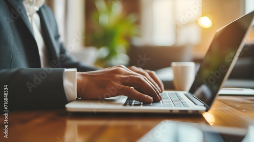 Close up of businessman hands typing on laptop keyboard in modern office.