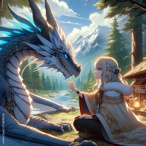 A cartoon of a dragon and a person sitting on a bench