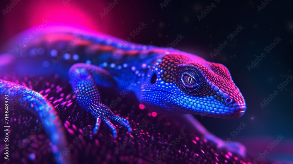 A lizard in close-up in neon illumination, an iguana illuminated in ultraviolet tones A lizard in close-up in neon illumination, an iguana illuminated in ultraviolet tones