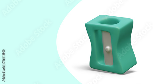 Poster with sharpener device in green color. Tool for pencil shavings
