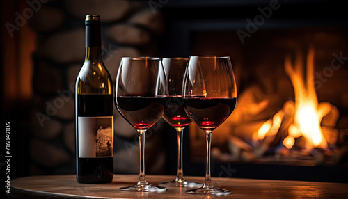 Bottle of red wine with 3 wine glasses next to it standing on modern table against house fireplace