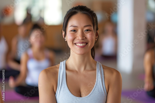 Woman sitting in a fitness studio with her yoga class © Kien