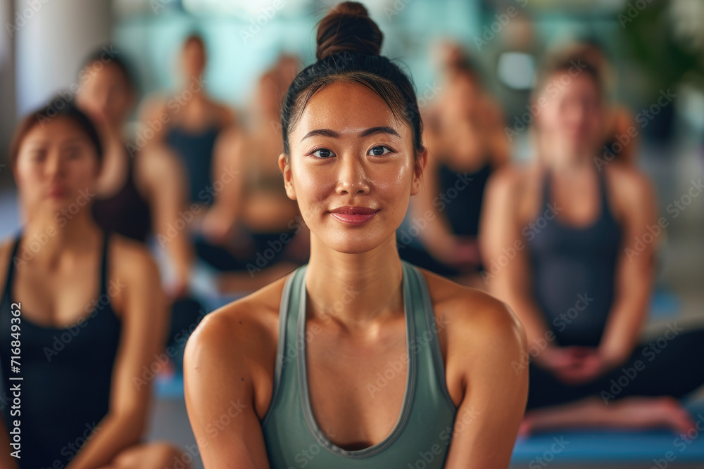 Woman sitting in a fitness studio with her yoga class