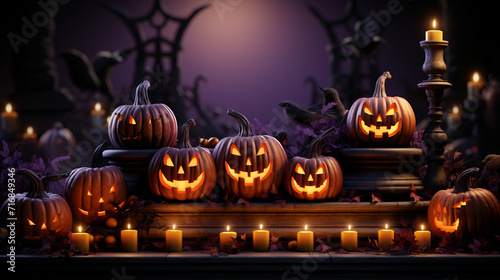 Halloween podium with pumpkins on purple background