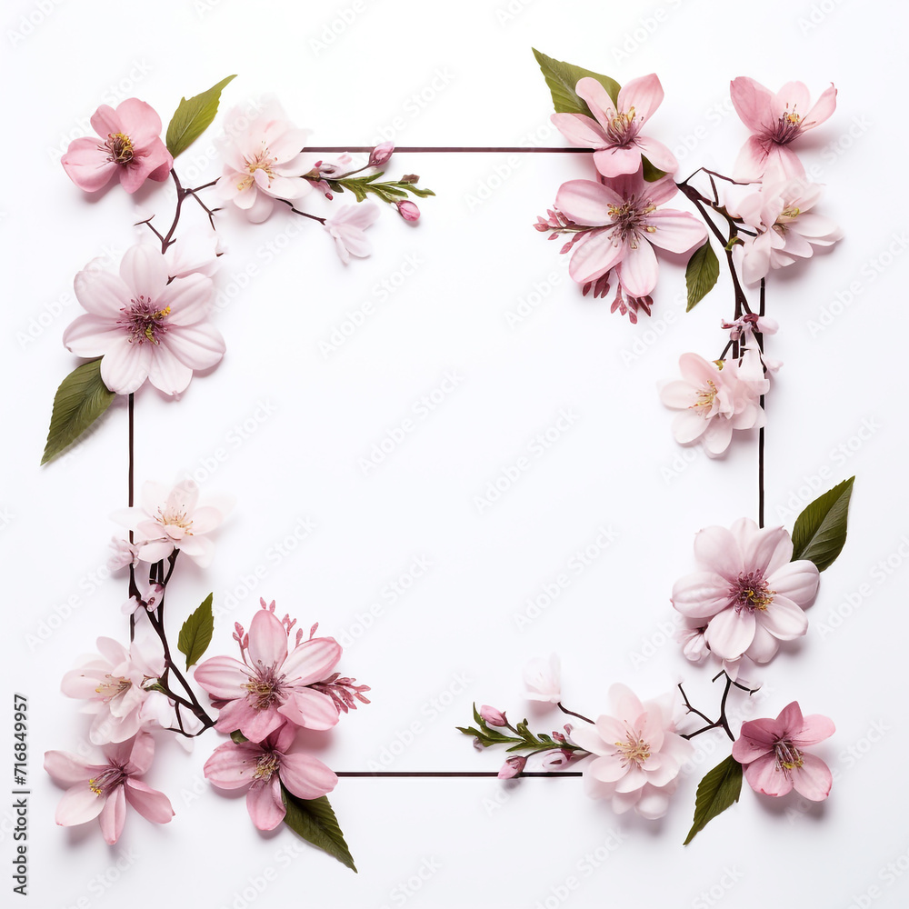 frame with flowers branches leaves and petals isolated