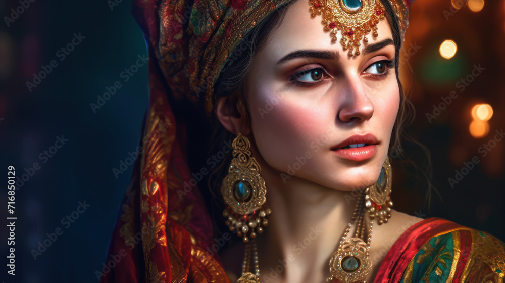 Pretty Turkish woman in Indian clothing. Generative AI