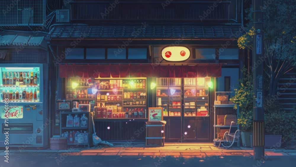 City Shop Illustration Cinematic View in Cartoon or Japanese Anime Watercolor Style. Looping 4K virtual video animation City Shop Illustration Cinematic View in Cartoon or Japanese Anime Watercolor Style. Looping 4K virtual video animation