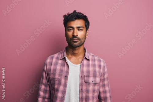 Portrait of a content indian man in his 20s dressed in a relaxed flannel shirt against a solid pastel color wall. AI Generation © CogniLens