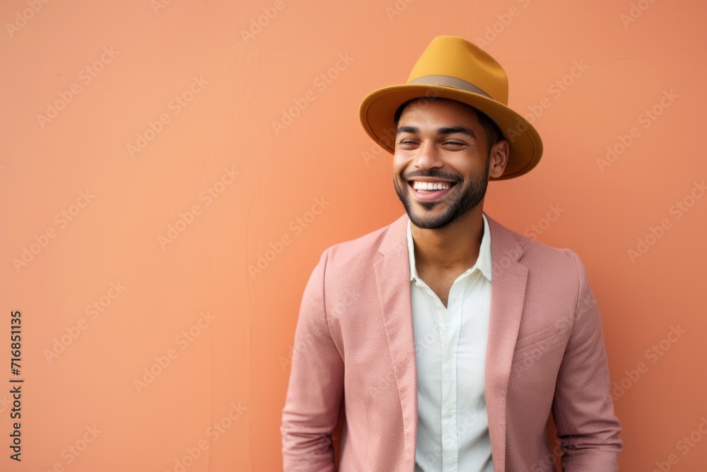 Portrait of a cheerful indian man in his 20s donning a classic fedora against a solid pastel color wall. AI Generation