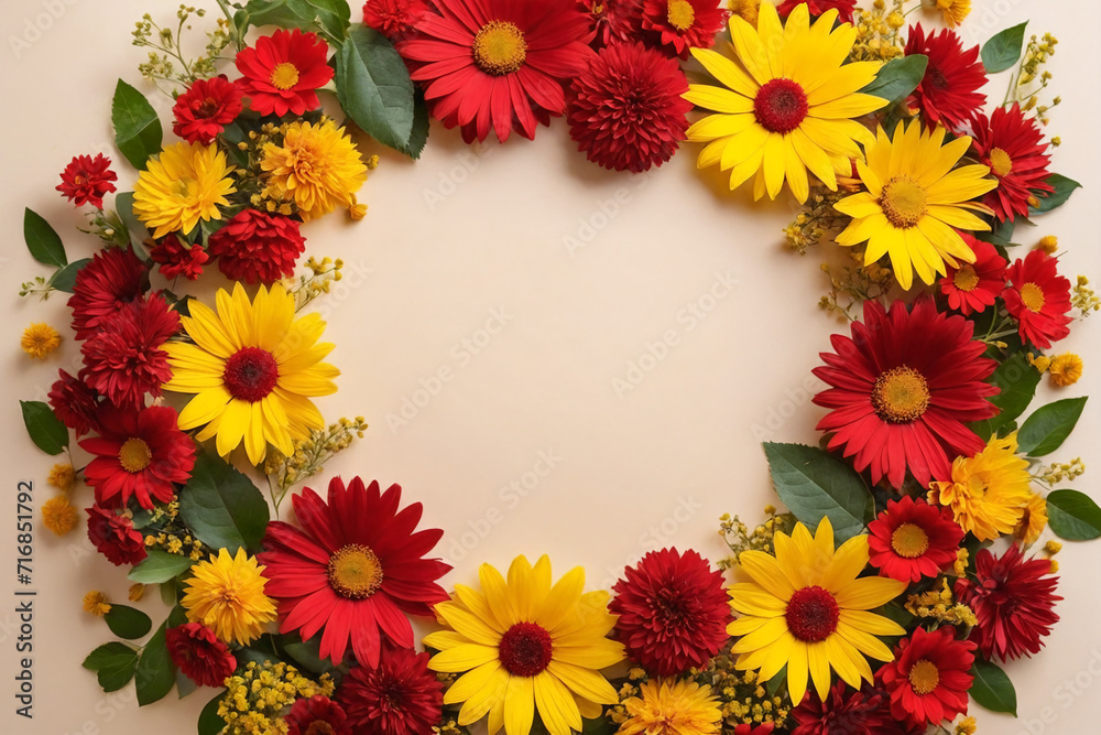 Frame made of red and yellow flowers Frame made of red and yellow flowers