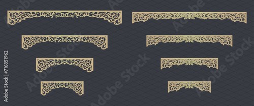 Laser cut template panels set. Die cut geometric pattern rectangle shape for metal , wooden, paper, engraving, stencil. Vector illustration design.