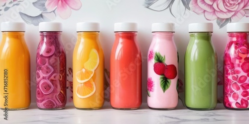 collection of smoothies bottles on a floral background 