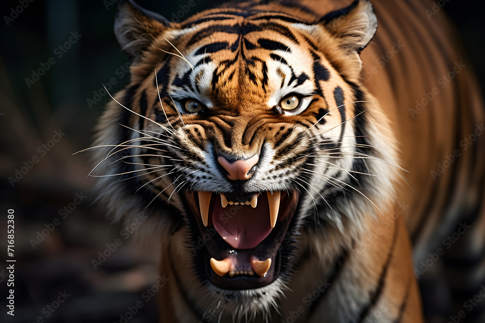 portrait of tiger face roaring closeup dynamic lighting portrait of tiger face roaring closeup dynamic lighting
