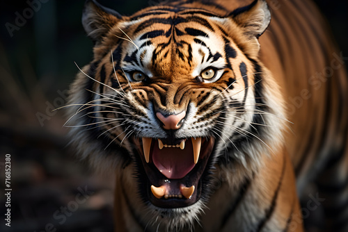 portrait of tiger face roaring closeup dynamic lighting