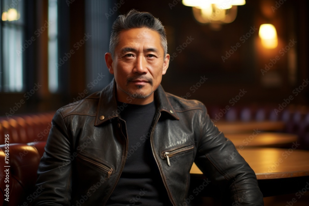 Portrait of a blissful asian man in his 50s sporting a classic leather jacket against a scandinavian-style interior background. AI Generation
