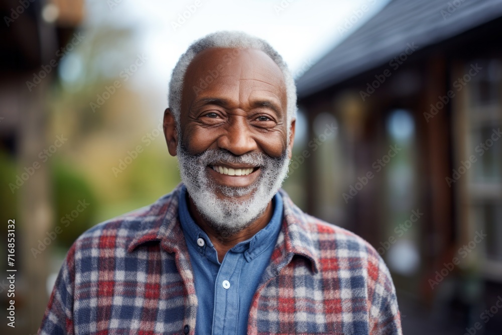 Portrait of a happy afro-american man in his 70s dressed in a relaxed flannel shirt against a scandinavian-style interior background. AI Generation Portrait of a happy afro-american man in his 70s dressed in a relaxed flannel shirt against a scandinavian-style interior background. AI Generation