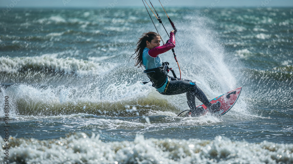 femme sportive faisant du kitesurf en mer près de la côte femme sportive faisant du kitesurf en mer près de la côte