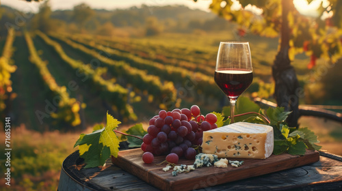 Présentation d'un plateau de fromage avec verre de vin, grappe de raisin et bouteille de vin sur fond de décor de vignoble photo