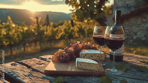 Présentation d'un plateau de fromage avec verre de vin, grappe de raisin et bouteille de vin sur fond de décor de vignoble photo