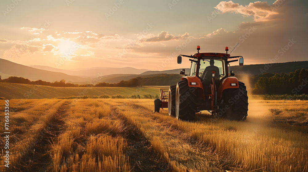 Fototapeta premium A farmer driving a tractor in a field